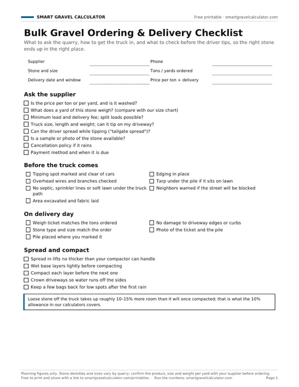 Preview of the free printable Bulk Gravel Ordering & Delivery Checklist PDF
